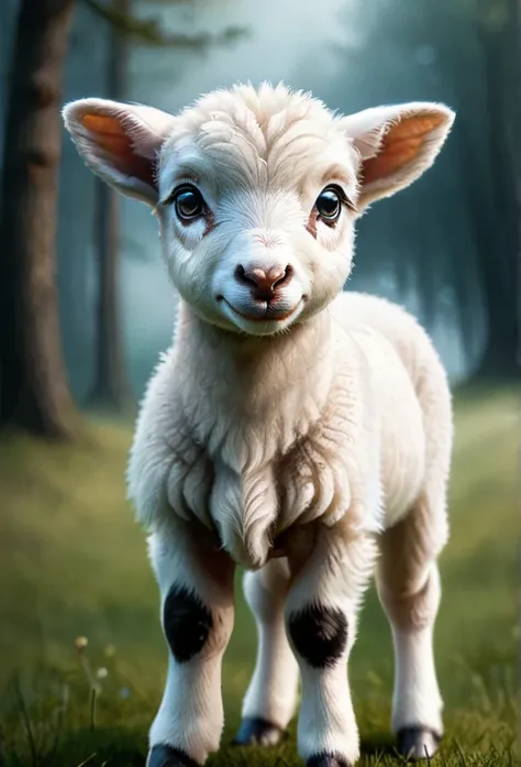 high quality illustration,ultra detailed, beautiful picture of a painting of a  baby lamb , blue eyes and white  full body, zhib...