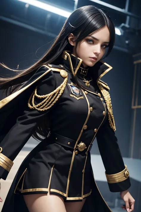 a woman in a uniform with a gold collar and black trim, avant uniform, jk uniform, full uniform, magic uniform university, uniform, stylish coat for a rave, magic uniform, sao, coat for a rave, rin, magic , fashionable rpg clothing, officers uniform, black...