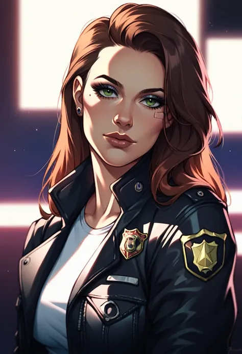 Portrait of scarlett as a beautiful female model, georgia fowler, beautiful face, with short dark brown hair, in cyberpunk city at night. She is wearing a leather jacket, black jeans, dramatic lighting, (police badge:1.2)