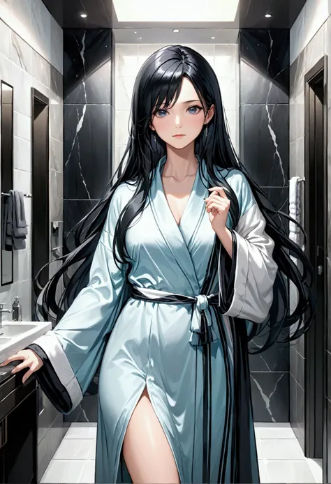 Mature Girl with long black hair with silver highlight, dark onyx eyes,tall rectangular body figure,bathrobes