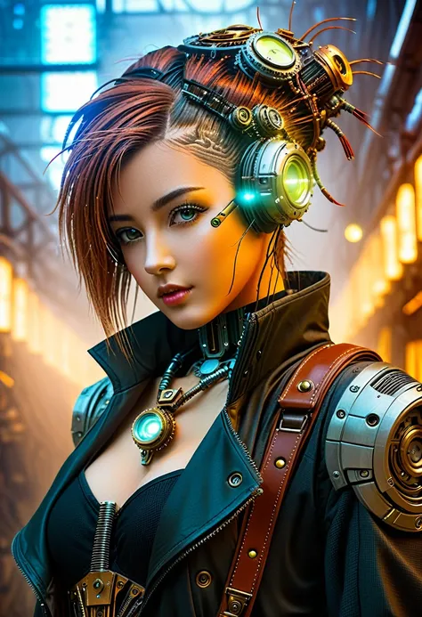 (((cybernetic girl))) adorned with steampunk elements, blending seamlessly into a cyberpunk environment, (mysterious) and (dysto...