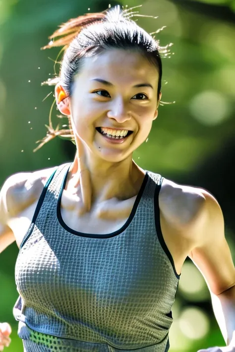 High resolution, masterpiece, Anatomically correct, High detail, Textured skin, Low ponytail, A seductive smile, Background blur, far and near method, movie, Beautiful Japanese woman running in the forest, 28 years old, cute, Sweat, Tank top, Running pants...