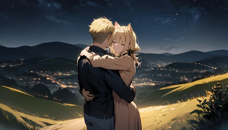 two people, one boy one girl, both are blond hair, the girl has cat ears, the boy wear glasses, the girl is crying, the girl hugs the boy, boy back to the viewer, night, standing, closing eyes, hills, mature