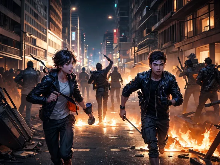 A young man and woman running with a torch in their hands, a burning city in the background, night scene with chaos and destruction."