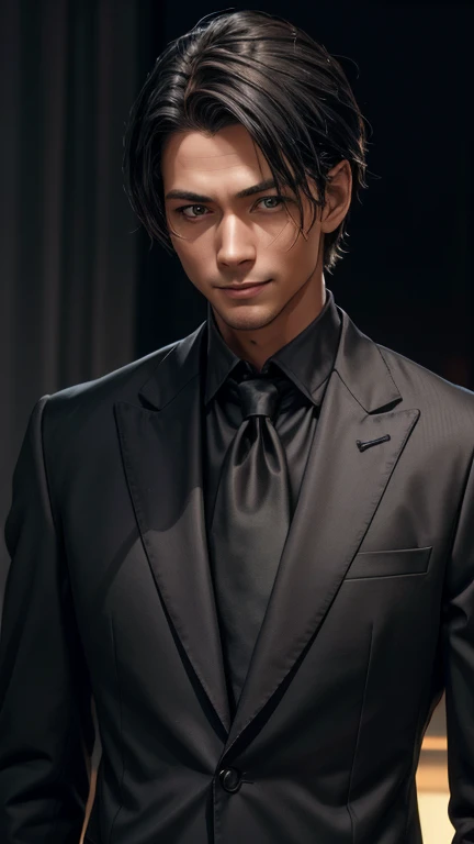 a Man standing with 30 years in black suit and black derby tie, slender face, facing forward, black hear, center-parted hairstyle, medium-length hair, Japanese, black background, mysterious smile, master of psychology, body and head straight in the photo, ...