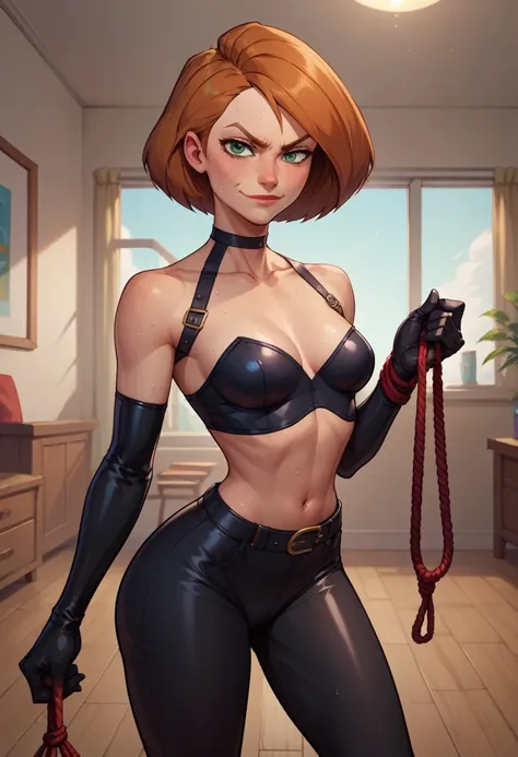 score_9, score_8_up, score_7_up, score_6_up, BREAK Ann possible, wearing black leather outfit, leather gloves, medium breasts, evil smirk,holding rope, sweating, in a living room, looking at viewer, short hair