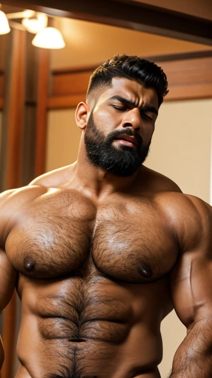 Male Character, handsome indian huge hairy bodybuilder muscular hunk with nice hairstyle and Pain is raging on the face, screaming with pain, opened mouth and making aggressive face expressions with eyes closed, the head is tilted back, Beard, Sharp Jawlin...