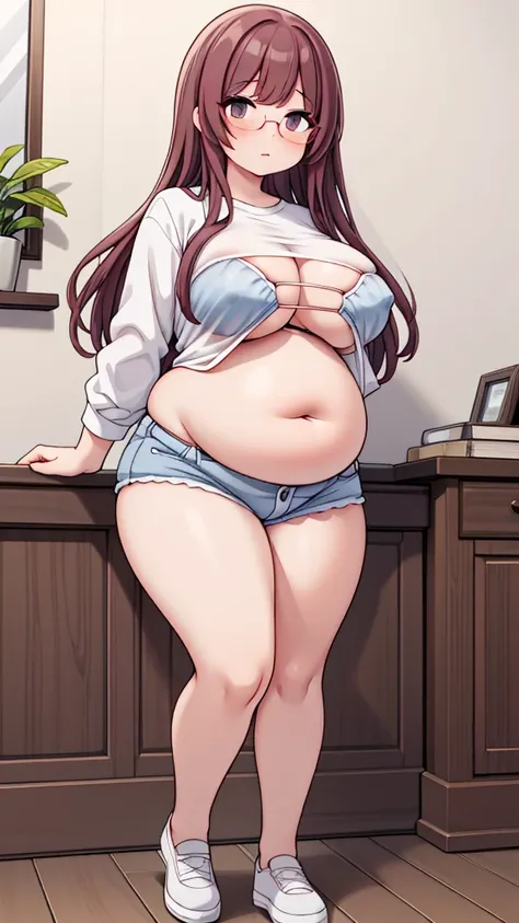 (masterpiece, best quality, highly detailed), 1girls, big belly, huge belly, art by kipteitei, round belly, chubby, curvy, belly grab, enormous belly, fat belly, thicc, bigger belly, really big belly, jiggly belly, shirt covering belly, belly cover by shir...