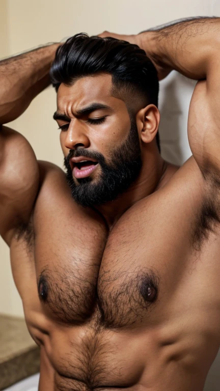 Male Character, handsome indian huge hairy bodybuilder muscular hunk with nice hairstyle and Pain is raging on the face, screaming with pain, big open mouth and making aggressive face expressions with eyes closed, the head is tilted back, Beard, Sharp Jawl...