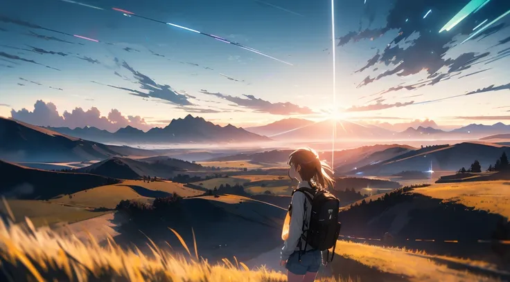 Vast Sky, Beautiful skyline, Vast grassland, Very tense and dramatic photo, Moving visual effects, The North Star Hanging High, Colorful natural light. Long sleeve tops, Denim shorts, Girl carrying a backpack.