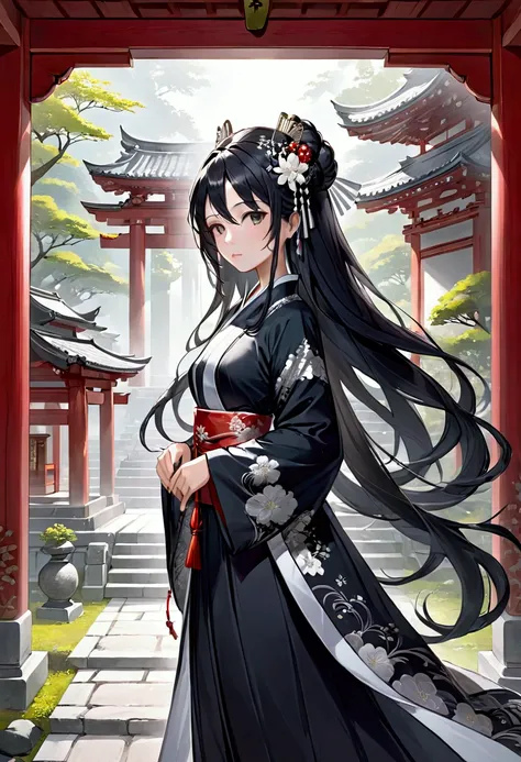 Mature Girl with long black hair with silver highlight, dark onyx eyes,tall rectangular body figure, shrine maiden