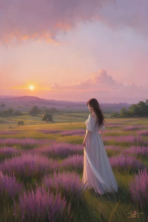 Highest quality、Landscape painting、Standing alone in the vast grassland、At dusk、Light purple sky