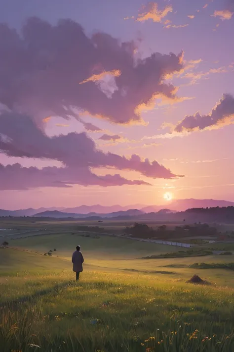 Highest quality、Landscape painting、Standing alone in the vast grassland、At dusk、Light purple sky