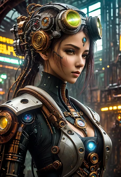 (((cybernetic girl))) adorned with steampunk elements, blending seamlessly into a cyberpunk environment, (mysterious) and (dysto...