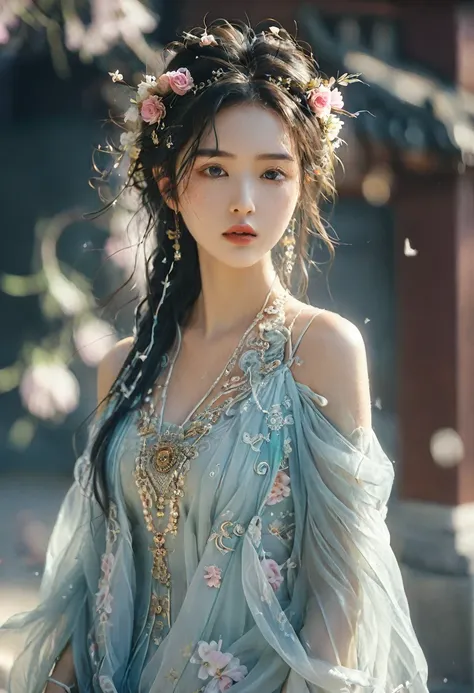 arafed woman in a dress with a flower crown on her head, a stunning portrait of a goddess, a beautiful fantasy empress, traditional beauty, beautiful oriental woman, portrait of a beautiful goddess, wearing an ornate outfit, wearing ornate clothing, extrem...