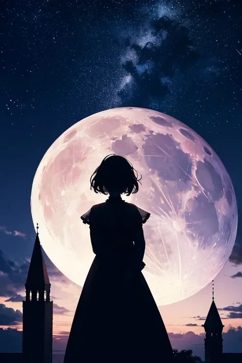 Highest quality,Big moon and shadow,A silhouette of a person can be seen against the backdrop of a large moon.,There is one full moon,There is a mood,Beautiful scenery,Starry Sky