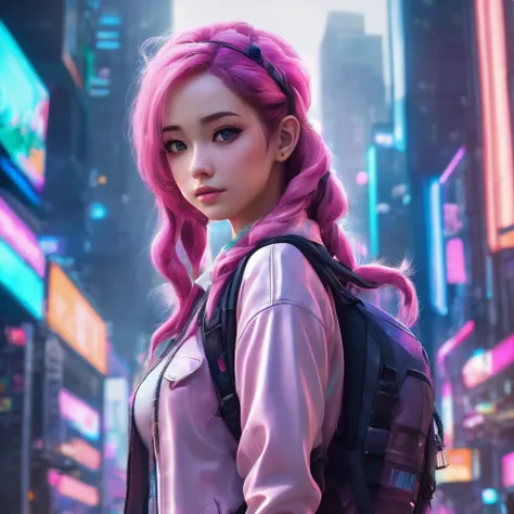 a beautiful cute anime girl with pink wavy hair in a side braid, wearing a miniskirt, knee high socks, and engineer boots, standing in a cyberpunk city galaxy background, hyperrealistic, 3d, (best quality,4k,8k,highres,masterpiece:1.2),ultra-detailed,(real...