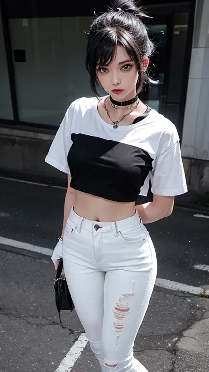 solo , 1girl , white shirt rock punk styes , mid breast , black jeans rock punk styes 