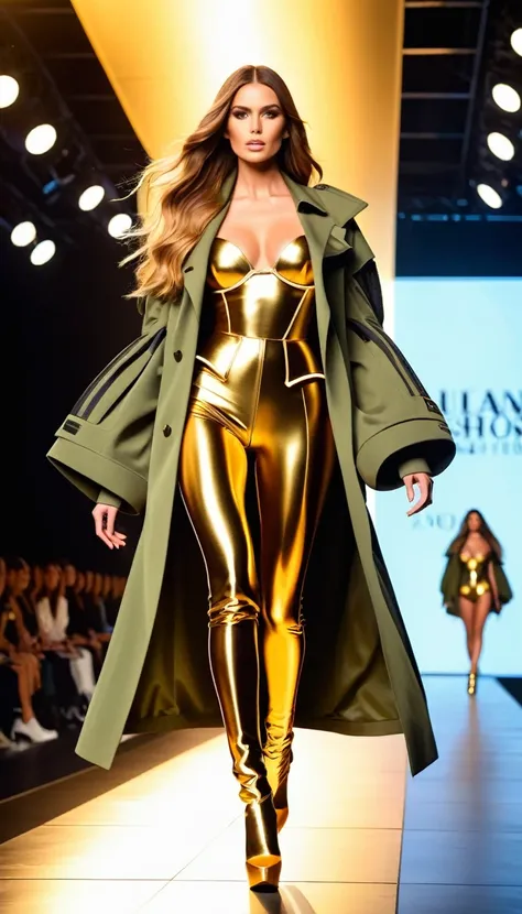 a beautiful female fashion model wearing a futuristic heavy outfit, big jacket, rights trouses, heavy militarny shoes, golden bra, walking on the catwalk of a fashion show, realistic, highly detailed, 8k, best quality, masterpiece, dynamic pose, glamorous ...