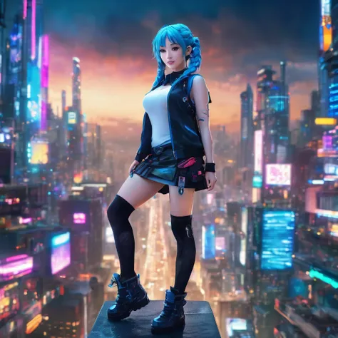 a beautiful alluring anime girl with sky blue wavy hair in a side braid, wearing a miniskirt, knee high fishnet socks, and engineer boots, standing in a cyberpunk city galaxy background, hyperrealistic, 3d, (best quality,4k,8k,highres,masterpiece:1.2),ultr...