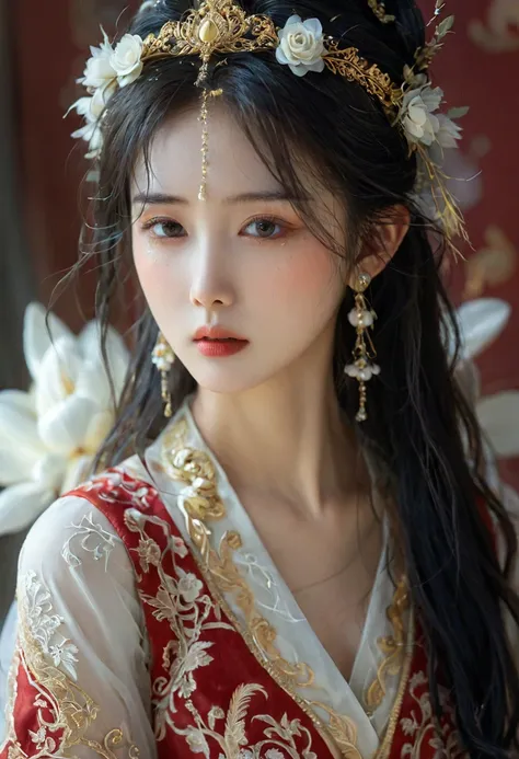 beautyful woman in a silk dress with a flower crown on her head, red and gold attire a stunning portrait of a goddess, a beautiful fantasy empress, traditional beauty, beautiful oriental woman, portrait of a beautiful goddess, wearing an ornate outfit, wea...