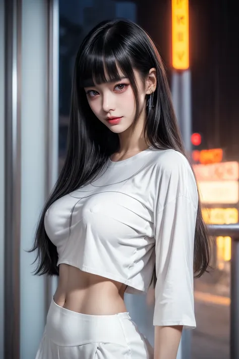 Have a look at this、Look forward、(belly button、Tight white t-shirt:1.5)、Black mini skirt:1.8、Ultra-high resolution、(((Blunt bangs, Princess Van))), (((Very heavy,Voluminous bangs:1.1))),(((very length, Very heavy,Very voluminous side locks:1.1))),, Princes...