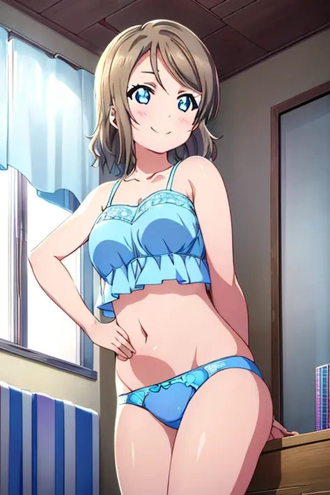 (((Pixel Perfect、Perfect in every detail))), alone、One Girl、watanabe, Uranohoshi, Bedroom、Watch Viewers、smile、sex appeal、Light blue bra、Light blue panties、Big Breasts、night、whole body、Standing posture、Curtain closure、One Girl
