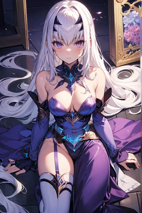 Fairy Knight Lancelot (Fate), 1 female, solo, long hair, breasts, looking at viewer, bangs, underwear, tail, white hair, mask, top-down bottom-up, flexible, body markings, armrest, Jack-o-challenge, hands on ground, butt facing viewer, facing backwards