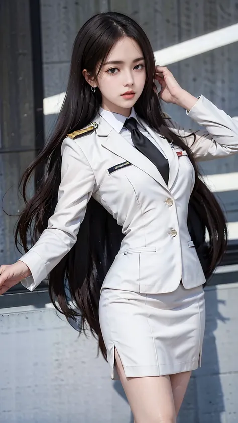 a portrait photo, beautiful face, all white outfit, military uniform, military rank insignia, business woman, beautiful woman, w...