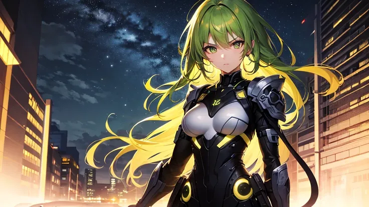 Highest quality, 8k, 4K, High resolution, High Contrast,1girl,only,Beautiful yellow-green hair, Behind you２Tie Hair,(Beautifully detailed face),Yellow-green clear eyes,Upper Eye, Moderate breasts,２０generation, Serious face, Battle Suit, Beautiful night vie...