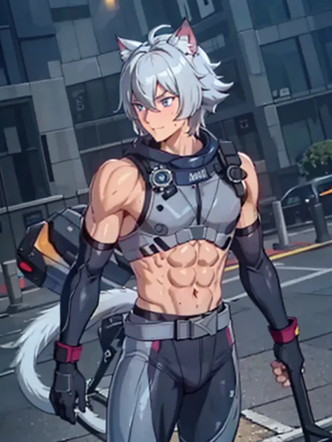 ((Fine details)), Best Shadow,Cinema Lighting,Highest quality,((Very detailed))　masterpiece　Gray Hair　get wet　The suit was torn　naked　sweating　Delicate body　Muscular young man　Ryona　Skin is visible in places　Fallen　Cat ear　Enduring　Belt on crotch　Wet groun...