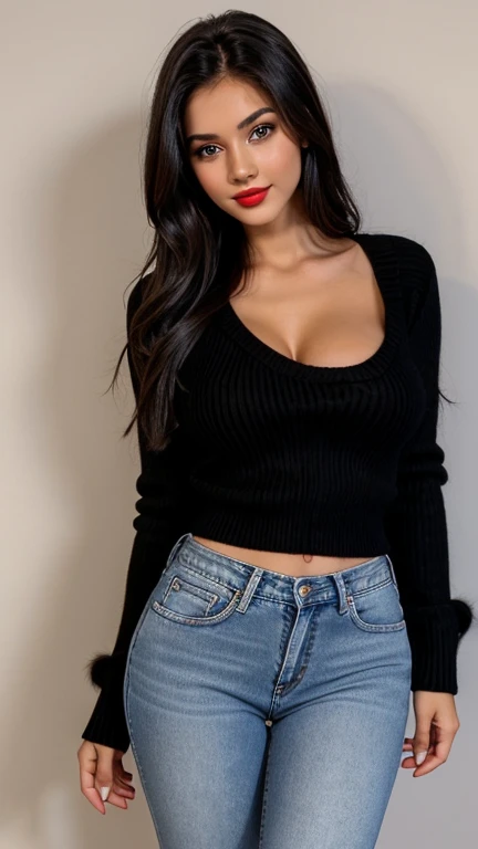 Girl, 19years, only, Long hair, black fur, brown eyes, Whole body, White skin, at the disco, black sweater, jeans negro, Whole body big breast nipples nice clevage seductive poses red lips sexy body 