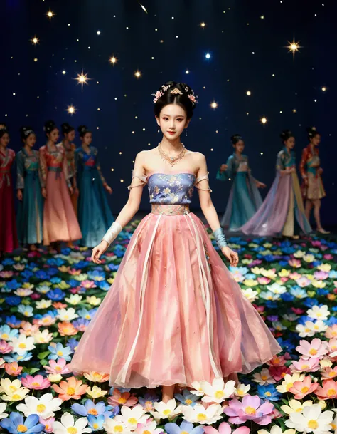 by Julien Arnal,Abstract Pictorial,Cartoon illustration,Sequins,Ambilight,Healing gouache,Starry Sky,Dark night shimmer,Youth Manga,Bright tones,gorgeous,Beautiful illustrations,Morandi color tone,Beautiful model catwalk,Performing dance steps。Wearing Ming...