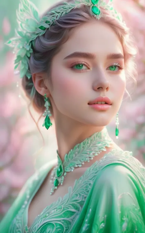 (best quality, 4K, 8K, high-resolution, masterpiece), ultra-detailed, colorful pastel, beautiful young woman, digital art, detailed facial features, light pink tones, emerald tones, charming character illustrations, soft focus, intricate design, gentle exp...