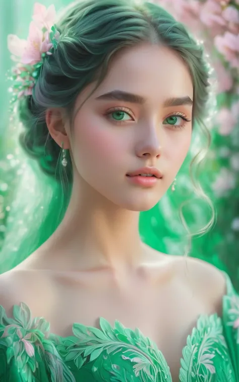 (best quality, 4K, 8K, high-resolution, masterpiece), ultra-detailed, colorful pastel, beautiful young woman, digital art, detailed facial features, light pink tones, emerald tones, charming character illustrations, soft focus, intricate design, gentle exp...