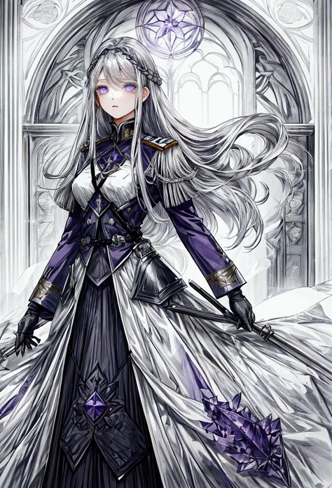 Highest quality、Delicate depiction、Beautiful woman、Silver Hair、Long Hair、Amethyst Eyes、Blue-gray military uniform、