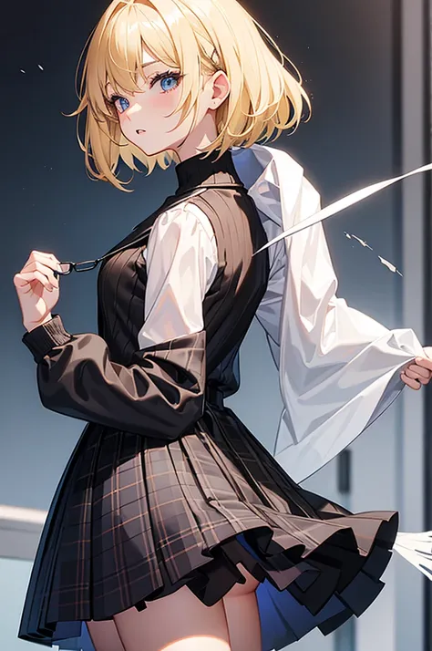 blonde haired korean girl with very short hair and blue eyes wearing a short plaid skirt and see through black tights and a black sweater while wearing glasses shaving the back of her hair