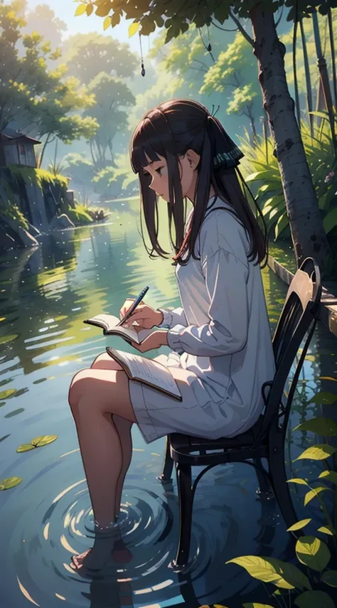 Painting by the Lake: The girl sitting alone by a quiet lake, painting or sketching in a notebook. The tranquil water and surrounding nature add to the peaceful, solitary atmosphere