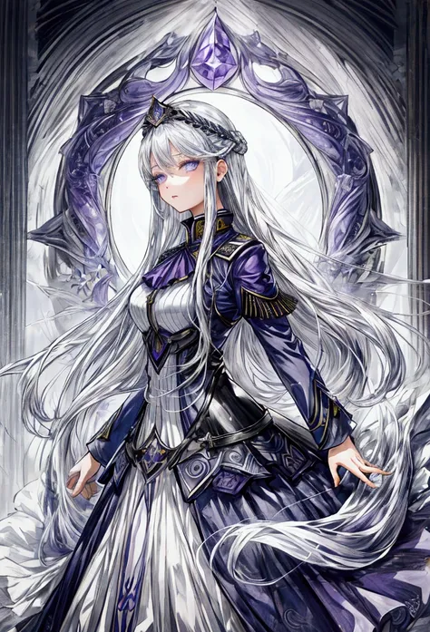 Highest quality、Delicate depiction、Beautiful woman、Silver Hair、Long Hair、Amethyst Eyes、Blue-gray military uniform、