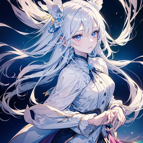 Design an anime girl with striking white hair that flows gracefully around her shoulders. She should be wearing a stylish and elegant outfit that contrasts beautifully with her hair, using soft, complementary colors. Her eyes should be expressive and capti...