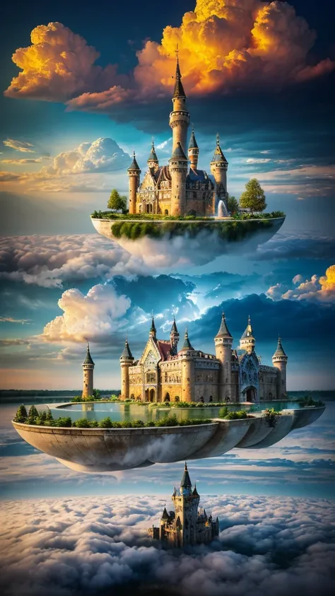 Upside-down world:2, (The artist designed a floating castle on floating land，Forests and fountains in the sky, Above several clouds and thunderstorms)1.4, birds eyes view, scenery, No Man, A fantastic magical world,  (Best quality), (Masterpiece:1.3), (Pho...