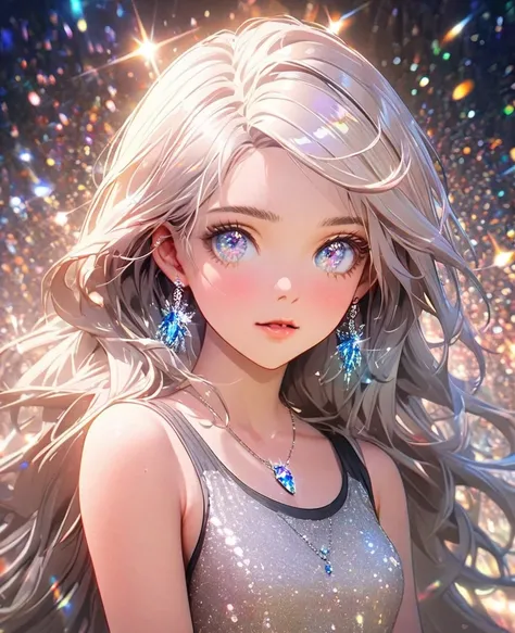 8K,gal，an extremely delicate and beautiful,Beautiful and realistic skin,Shiny jewel-like earrings,Shine like glitter long silver hair,beautiful eyes,glitter background,full body,tanktop,panties