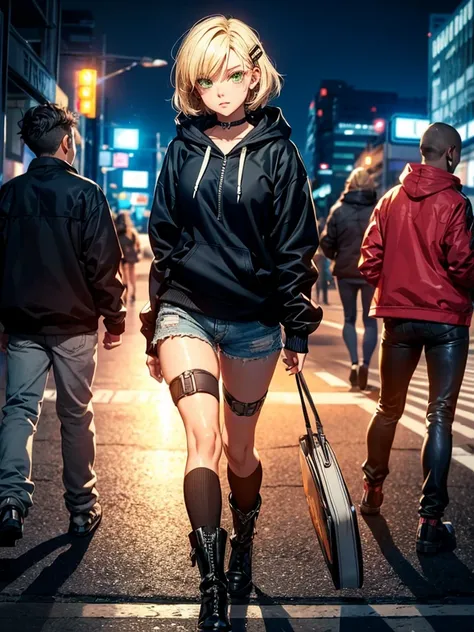 4k, one female, 17 years old, short blonde hair, hair clip, green eyes, eyebrow piercing, choker, black hoodie, short shorts, zip-up boots, city background, night, ((skinny)), braless, small breasts
 sultry look, seductive,
