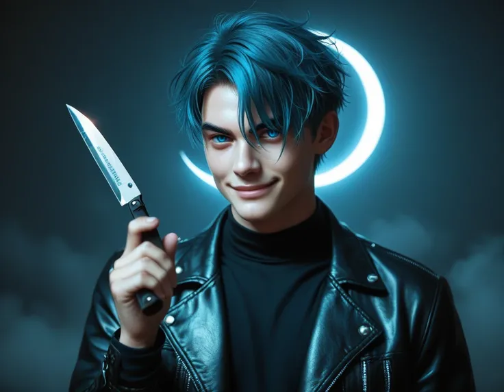 Hyper realistic, dark vibes, solo, attractive young guy, male, 22 years, (holding knife:1.1) pale skin, blue eyes, (short textured blond hair:1.1), layered bangs, gothic black leather jacket, black eyeliner, dark lighting, in luxury BDSM room, (smirk:1.1),...