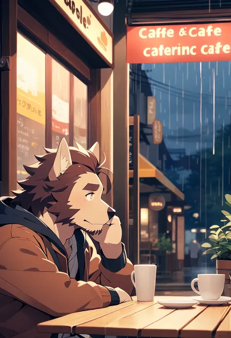 hairy、Adult male、hairy的、Bright Eyes，hairy的 tail，Rain Watching Cafe，Canines，Alone，Wear casual clothing，Brown hair