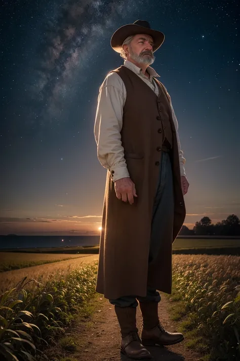 Image of a 19th century farmer observing the horizon, followed by a recreation of the lights in the sky.