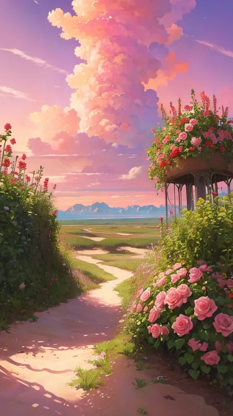 Summer, desert, pink clouds, a land overgrown with roses, James Gurney, art station rendering, ultra-wide lens, high definition