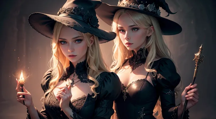 A beautiful blonde woman, magical with a hat and magic wand, detailed facial features, elegant dress, delicate hands, dramatic lighting, fantasy, dark moody atmosphere, intricate designs, cinematic composition, vibrant colors, realistic, photorealistic, ma...