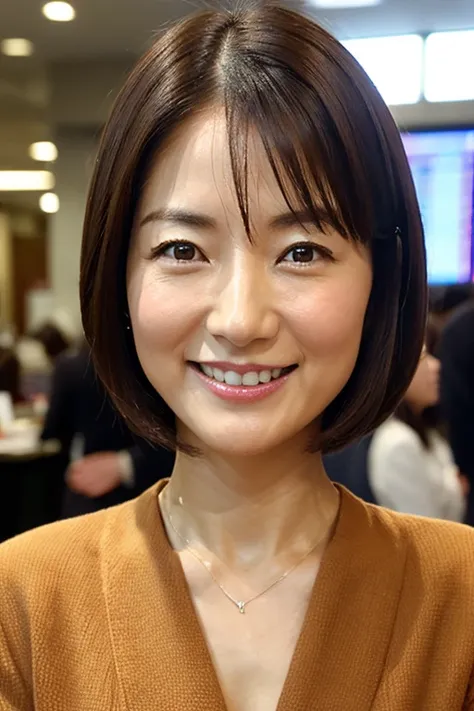 Highest quality、Masterpiece、Real Photo、Realistic、One Japanese woman、Smiling businesswoman using a computer、Very detailed、Natural light、Sweat、Short Hair、Brown Hair、Detailed face and skin、Realistic eyes