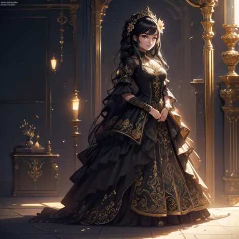 (artwork:1.4), (best quality:1.4), fantasy, extremely detailed, Intricate, hyper detailed illustration, soft lighting, 1 woman, black hair_flower, dress, fold_over, smile,(Perfect_Face), Standing, Ornate, Intricate, Dramatic Lighting, 4K, Detailed_Backgrou...